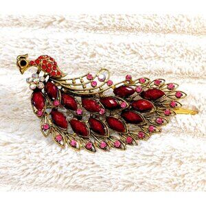 Vintage Hair Jewelry Clip Peacock Rhinestones Red Pink Faux Gems Gold Tone